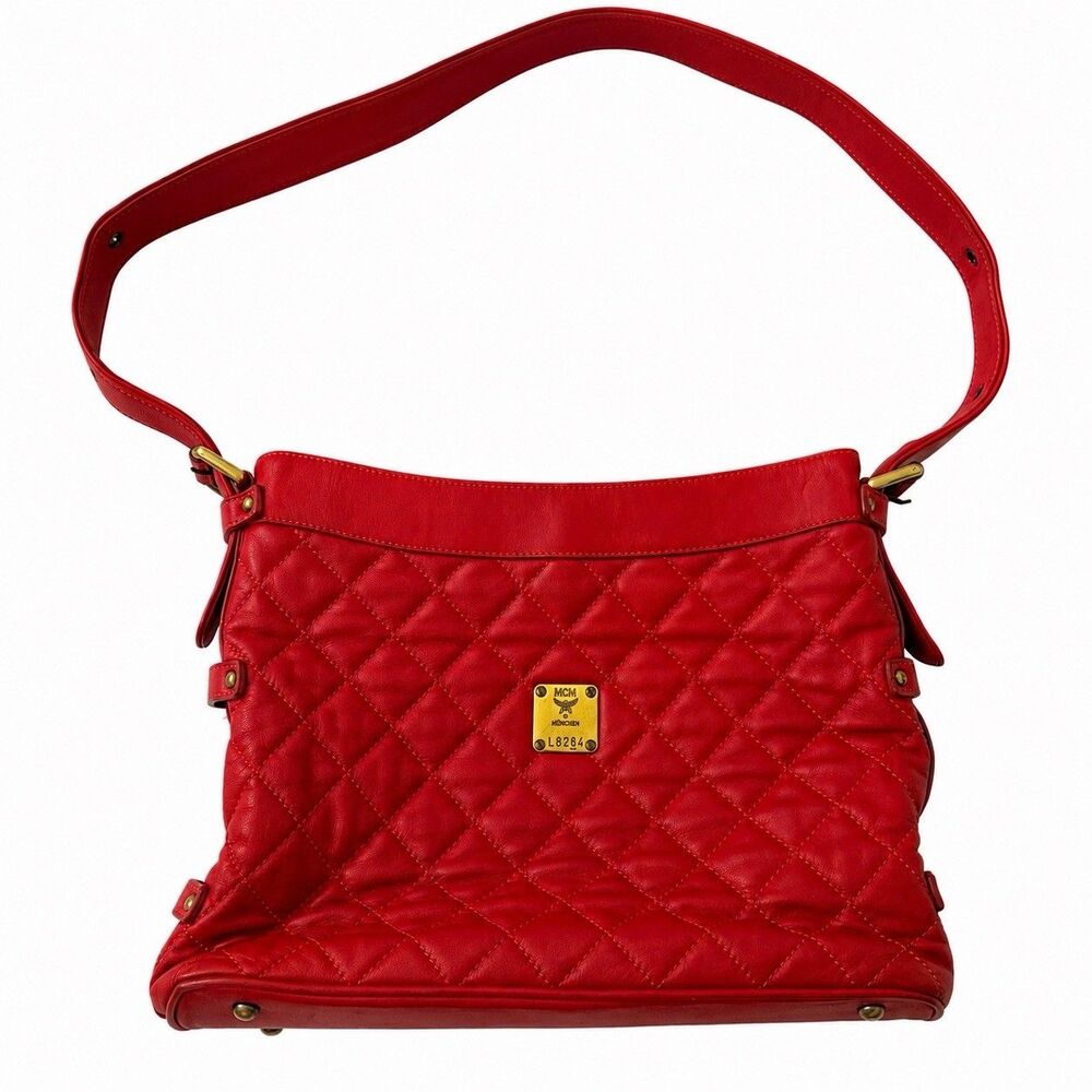 MCM Munchen Shoulder Bag Red‎ Quilted Leather Hobo Gold Tone Y2K Authentic